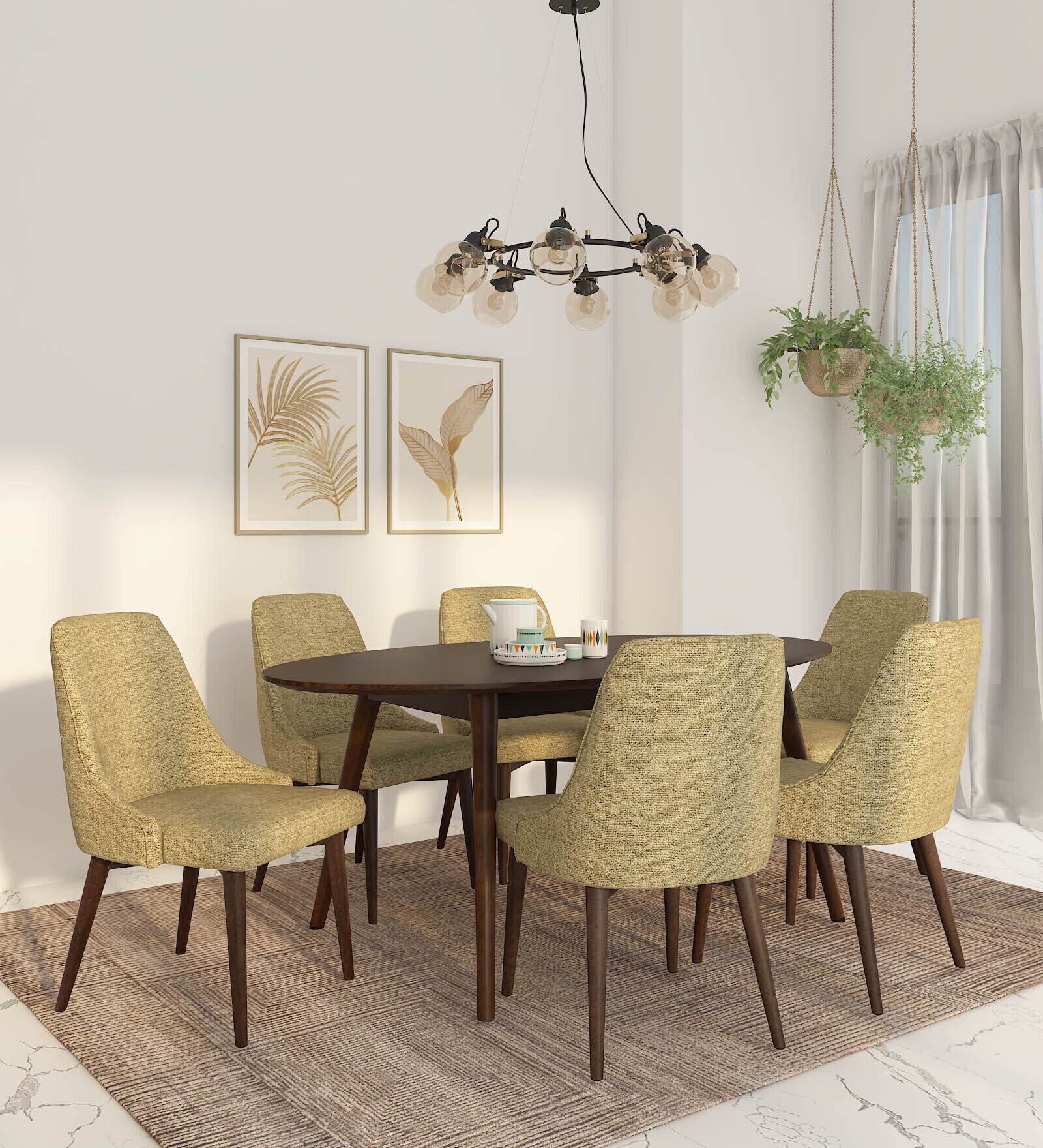 Haruka Solid Wood 6 Seater Dining Set In Walnut & Sandy Brown Finish