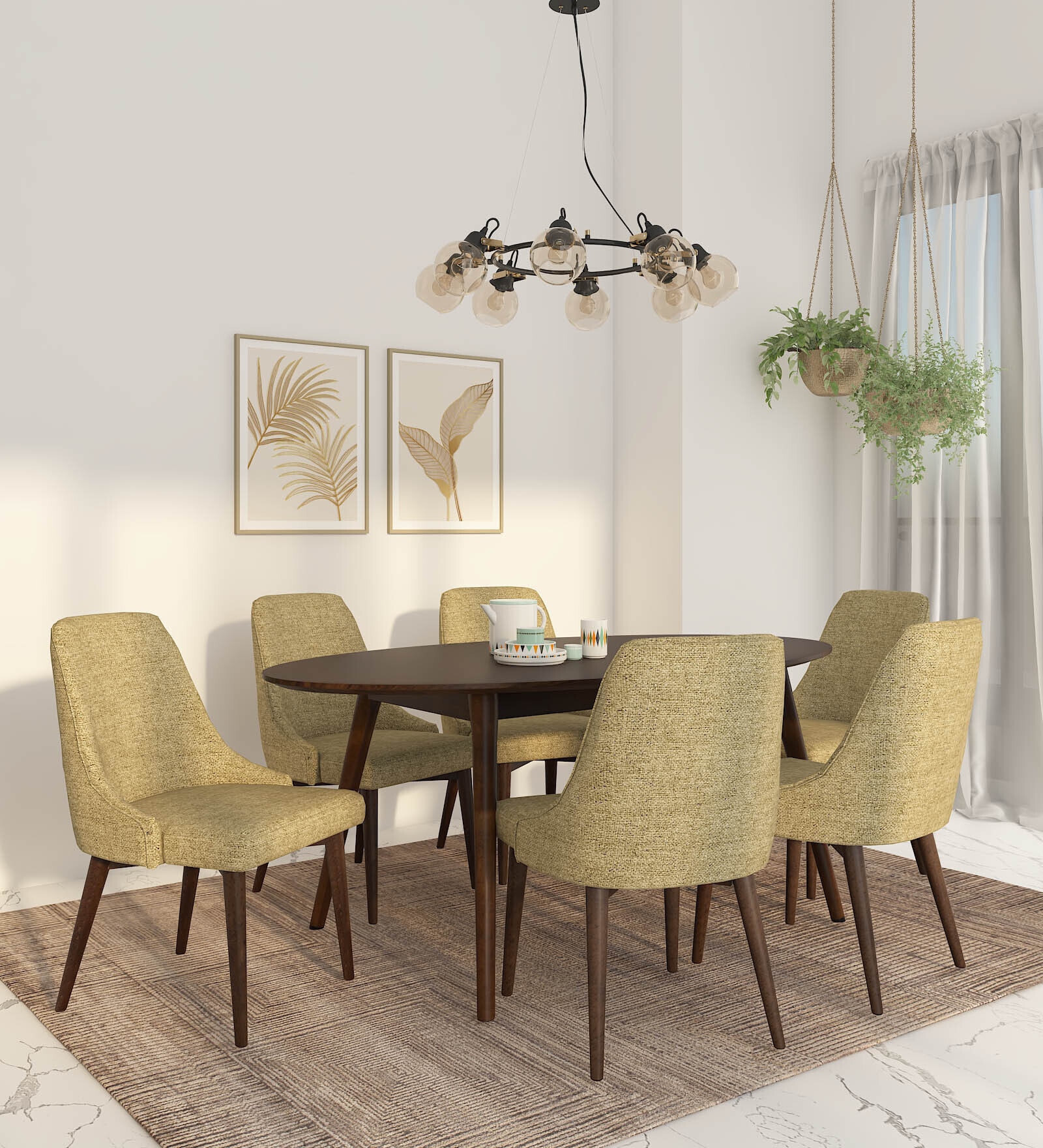 Haruka Solid Wood 6 Seater Dining Set In Walnut & Sandy Brown Finish
