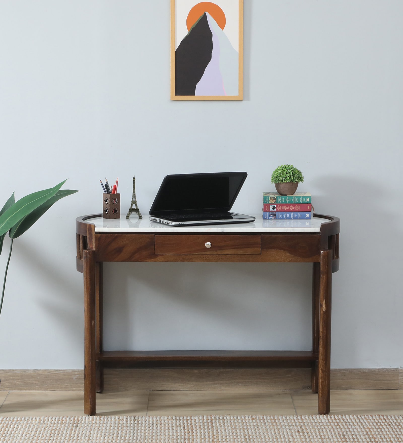 Haslev Sheesham Wood Study Table In Scratch Resistant Provincial Teak Finish With Marble Top
