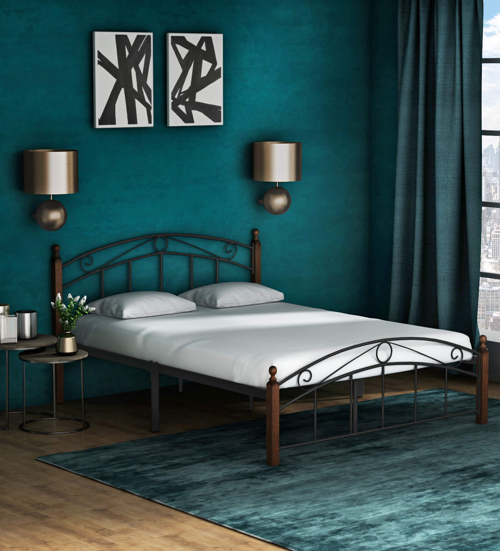 Haya Queen Size Metal Bed In Black Finish With Wooden Post