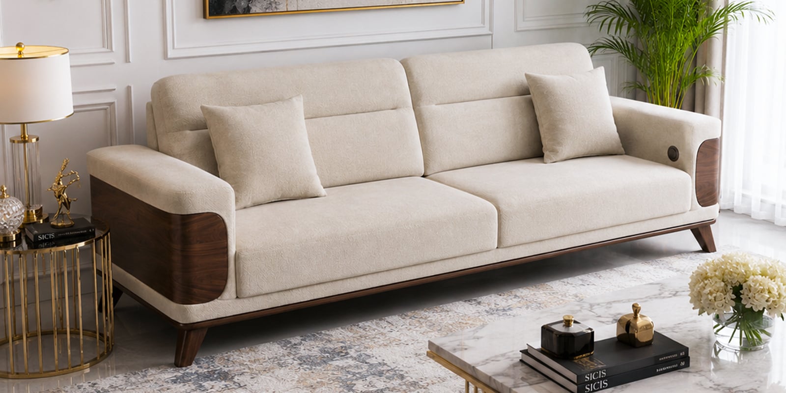 Harbour Sal Wood 3 seater Sofa In Off-White Colour