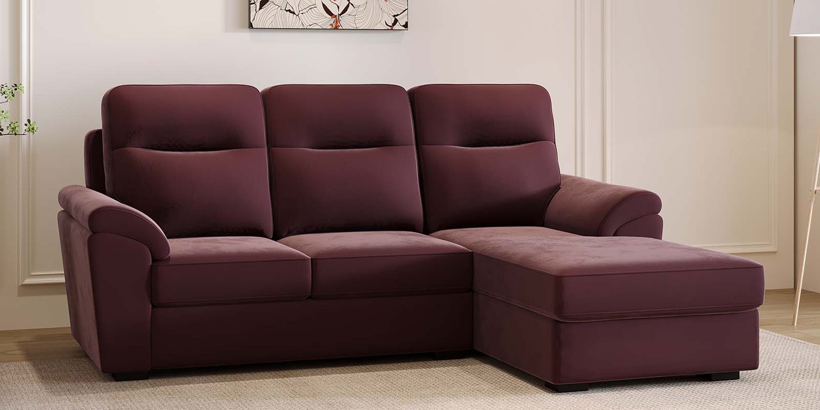 Hazelwood Velvet Fabric Fabric LHS Sectional Sofa (2 + Lounger) in Wine Red Color