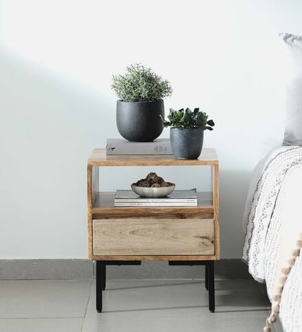 natural finish wood nightstand