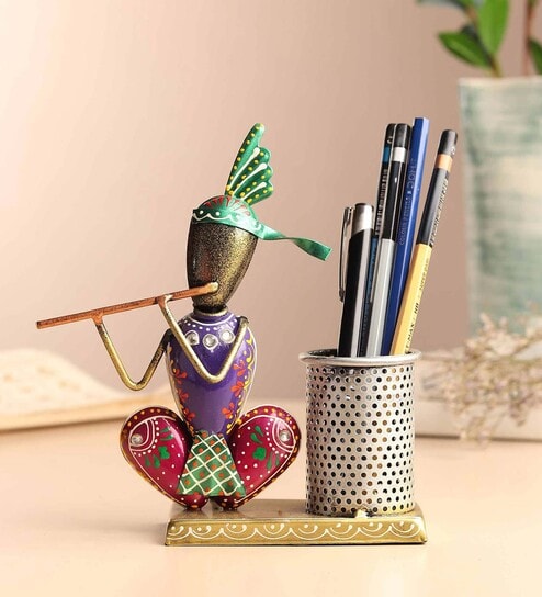 (1Pc) Pink Metal Krishna Pen Stands