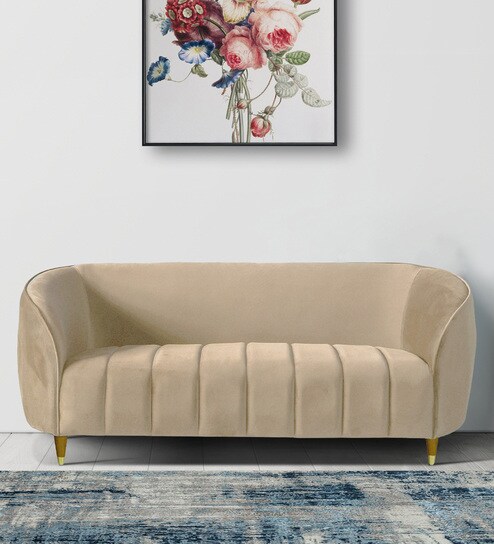 Hairo Velvet 2 Seater Sofa In Beige Colour