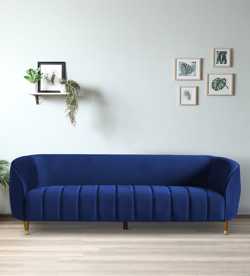 Hairo Velvet 3 Seater Sofa In Blue Colour
