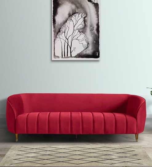 Hairo Velvet 3 Seater Sofa In Red Colour