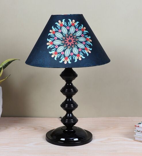 Halo Glow Black Metal Table Lamp With French Floral Print Satin Shade
