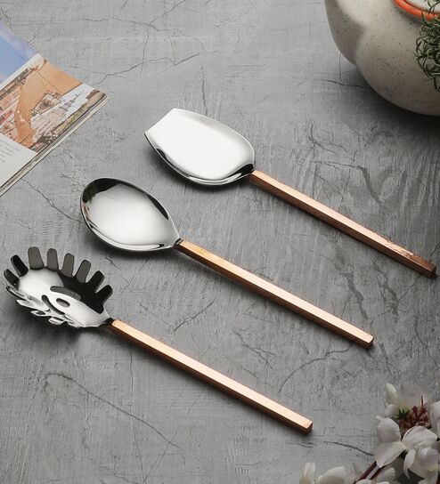 Hammered Copper Handles Stainless Steel Serving Spoons Set of Three