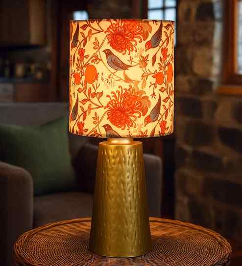 Hammered Metal Table Lamp With Fabric Shade (Orange & Gold)