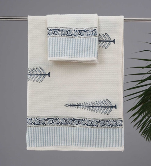 Hand Block Printed 100% Pure Cotton Floral Blue 240 GSM Super Absorbent Bath Towels