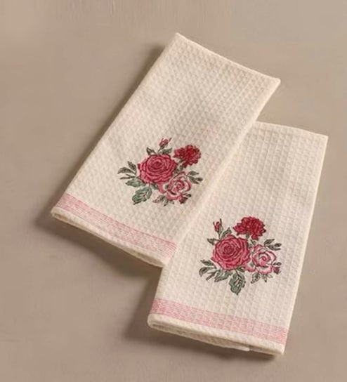Hand Block Printed 100% Pure Cotton Floral Offwhite & Pink 240 GSM Super Absorbent 2 Hand Towels