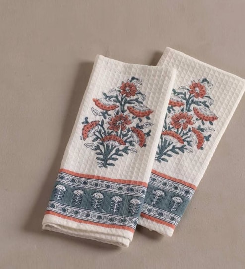 Hand Block Printed 100% Pure Cotton Floral Peach & Teal 240 GSM Super Absorbent  2 Hand Towels
