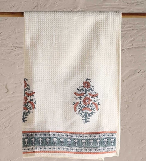 Hand Block Printed 100% Pure Cotton Floral Peach & Teal 240 GSM Super Absorbent  Bath Towels