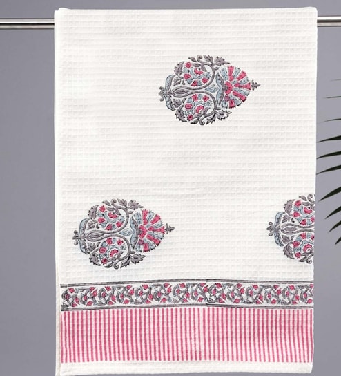 Hand Block Printed 100% Pure Cotton Floral Pink 240 GSM Super Absorbent  Bath Towels