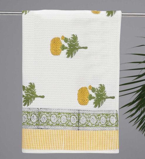 Hand Block Printed 100% Pure Cotton Floral Yellow 240 GSM Super Absorbent  Bath Towels