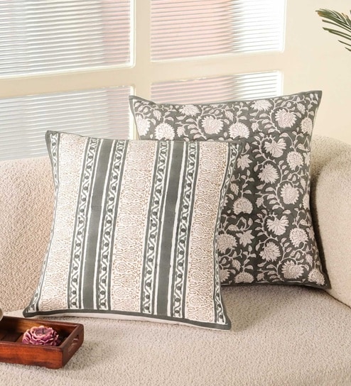 Hand Block Printed Cotton in Striped Charcoal and Off White (18x18inches) Cushion Covers