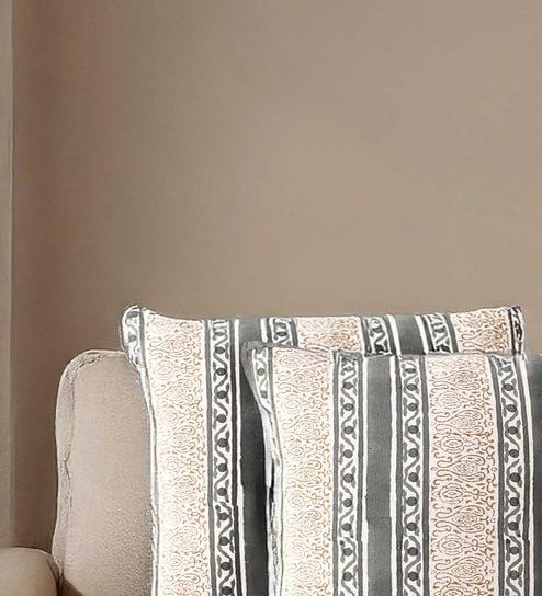 Hand Block Printed Cotton in Striped Charcoal and Off White Set of 4 (18x18inches) Cushion Covers-image-23