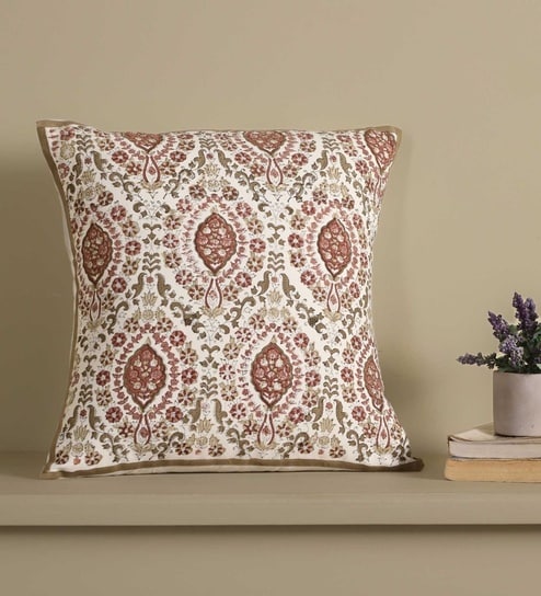 Hand Block Printed Cotton Ivory and Rust (18x18inches) Cushion Covers-image-44