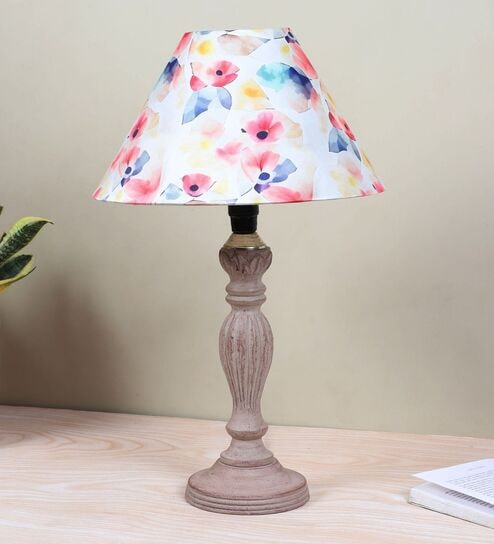 Hand Carved Classic Mangowood Table Lamp With Flower Print Satin Shade