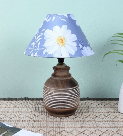 Hand Carved Classic Mangowood Table Lamp With Narcissue Floral Print Satin Shade