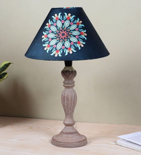 Hand Carved Classic Mangowood Table Lamp With French Floral Print Satin Shade