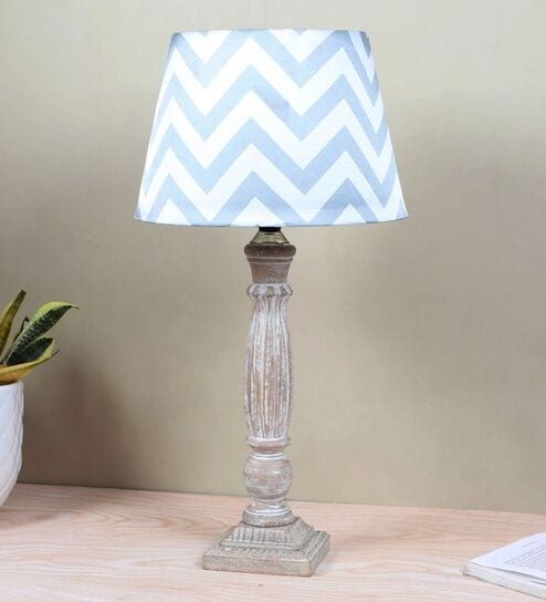Hand Carved Ilumista Mangowood Table Lamp With Maze Print Satin Shade