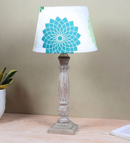 Hand Carved Ilumista Mangowood Table Lamp With Dahlia Floral Print Satin Shade