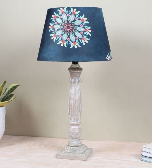 Hand Carved Ilumista Mangowood Table Lamp With French Floral Print Satin Shade