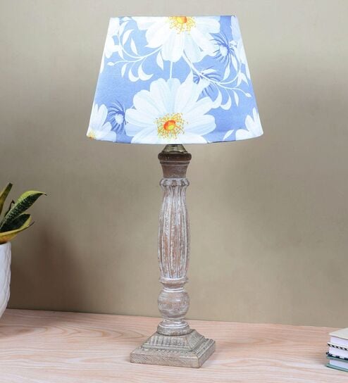 Hand Carved Ilumista Mangowood Table Lamp With Narcissue Floral Print Satin Shade