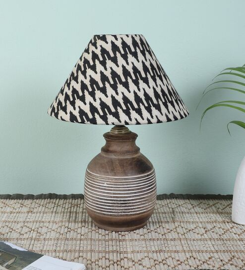 Hand Carved Mangowood Table Lamp With Chevron Print Satin Shade