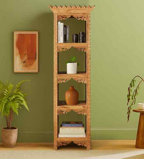 Ryce Hand Carved Bookshelf in Honey Finish