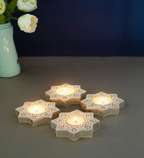Hand-Carved Star Brown Colour Mdf (Set Of 4) T-Light Candle Holder Blocks