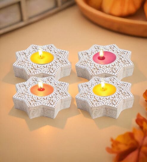 Hand-Carved Star Brown Colour Mdf (Set Of 4) T-Light Candle Holder Blocks