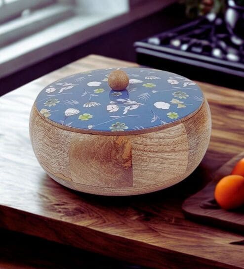 Hand Crafted Blue Floral Printed Lid Mango Wood Round Chapati Box