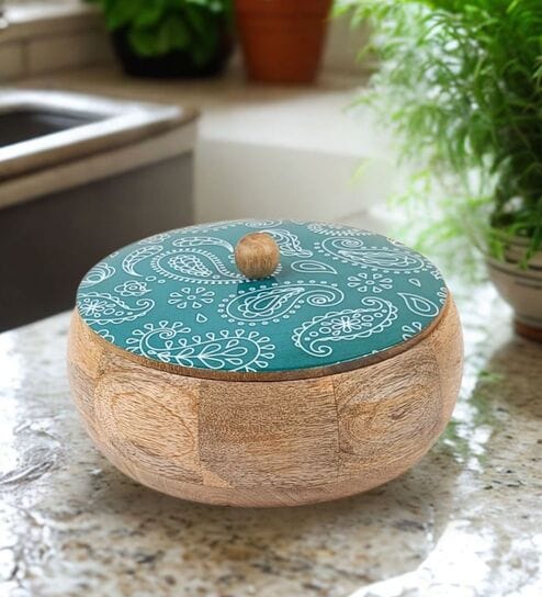 Hand Crafted Green Paisley Printed Lid Mango Wood Round Chapati Box