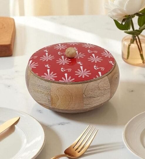 Hand Crafted Maroon Warli Printed Lid Mango Wood Round Chapati Box