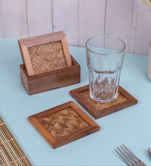 Hand Crafted Wooden Chatai Coasters Set of Four