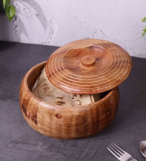 Hand Crafted Wooden Round Chapati Box with Spiral Carved Lid