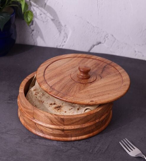 Hand-made Acacia Wood Flat Rim Base Chapati Box