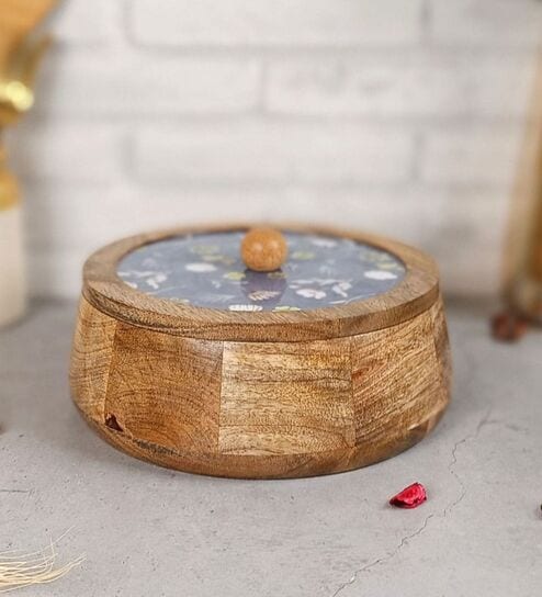 Hand-made Blue Floral Enameled Lid Mango Wood Taper Chapati Box
