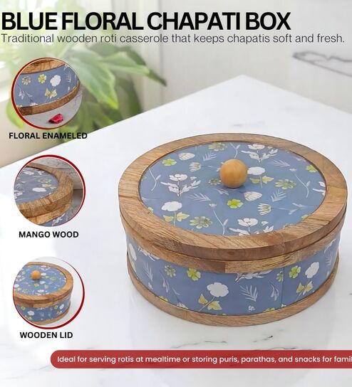 Hand-made Blue Floral Enameled Mango Wood Chapati Box