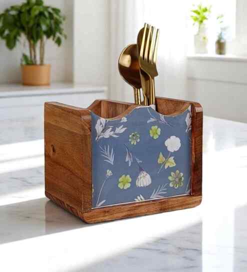 Hand-made Blue Floral Mango Wood Cutlery Holder