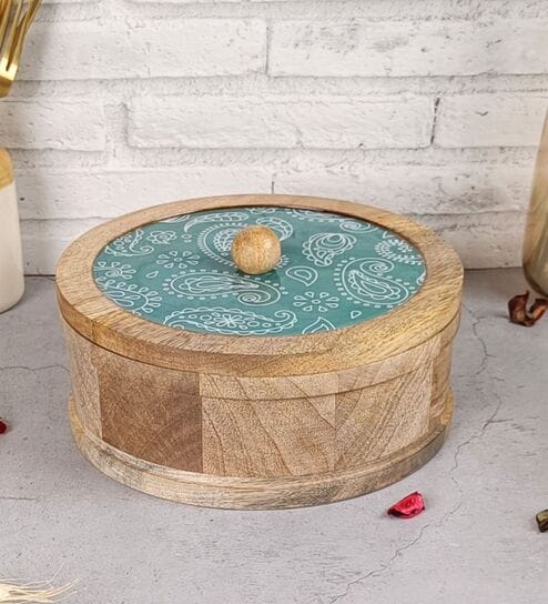 Hand-made Green Paisley Enameled Lid Mango Wood Chapati Box