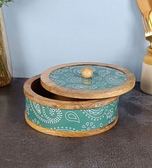 Hand-made Green Paisley Enameled Mango Wood Chapati Box
