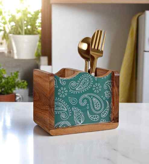 Hand-made Green Paisley Mango Wood Cutlery Holder