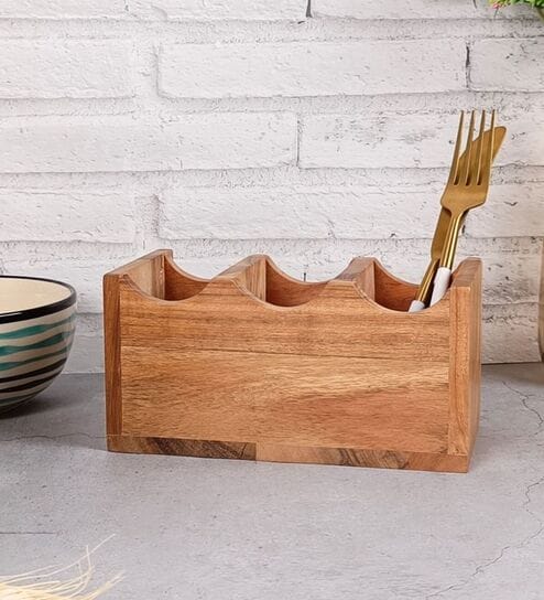 Hand-made Mango Wood 3 Part Cutlery Holder