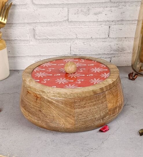 Hand-made Maroon Warli Enameled Lid Mango Wood Taper Chapati Box