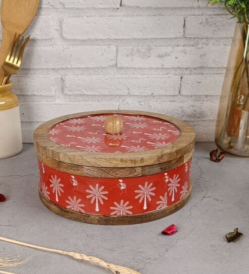 Hand-made Maroon Warli Enameled Mango Wood Chapati Box