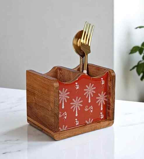 Hand-made Maroon Warli Mango Wood Cutlery Holder